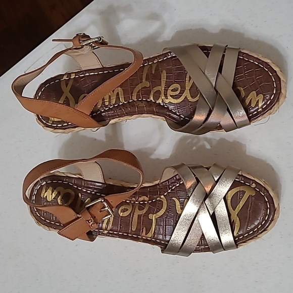Sam Edelman Darline tan and gold wedge sandals size 10 - Picture 3 of 12